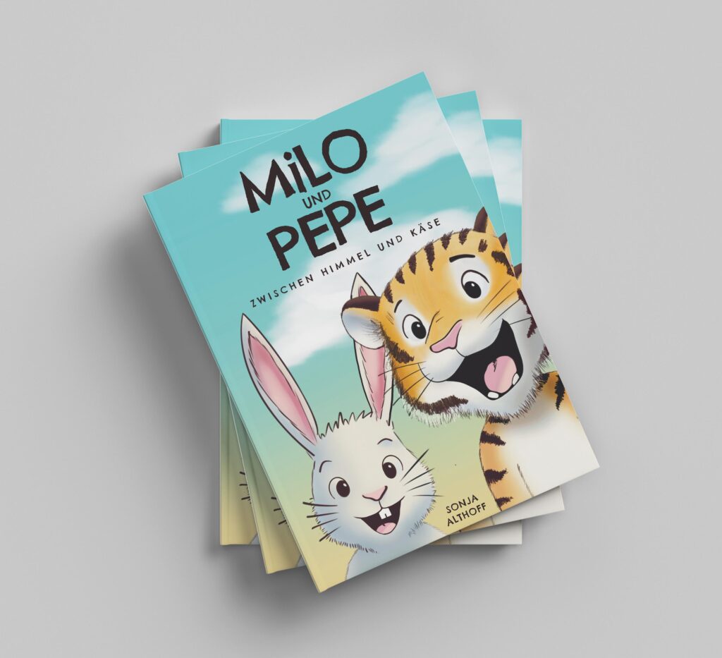 Milo_und_Pepe_Cover Drei Exemplare des Kinderbuches Milo und Pepe. Auf dem Cover sind ein Hase und ein Tiger zu sehen.